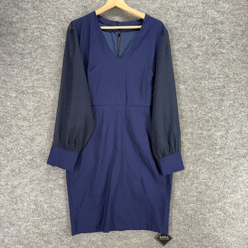 New Zaful Dress Women 10 Blue Shift Short V-Neck Long Sleeve Hook & Eye Casual